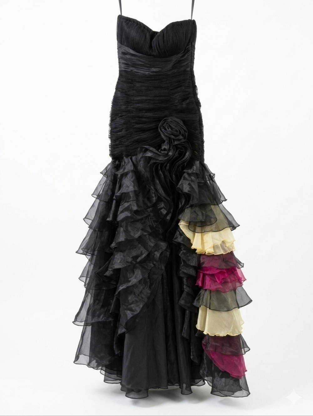 Jovani Y2K Strapless Black Ruffled Evening Dress with Colorful Hem Accent